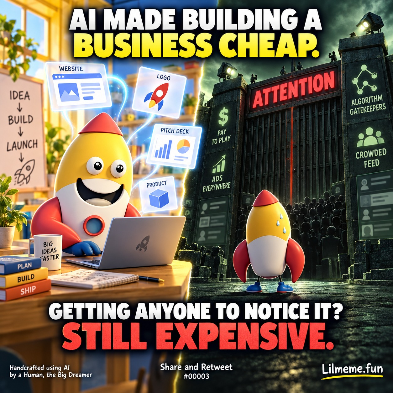 Meme #00003: AI Made Building a Business Cheap. Getting Anyone to Notice It? Still Expensive.