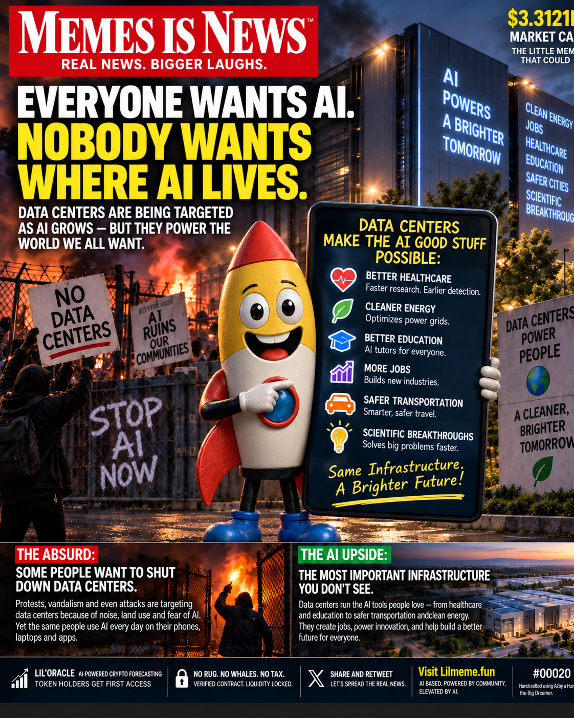 Lil’meme holds a board describing potential AI benefits outside a data center, alongside illustrated protesters. The headline reads: “Everyone wants AI. Nobody wants where AI lives.” Memes is News #00020.