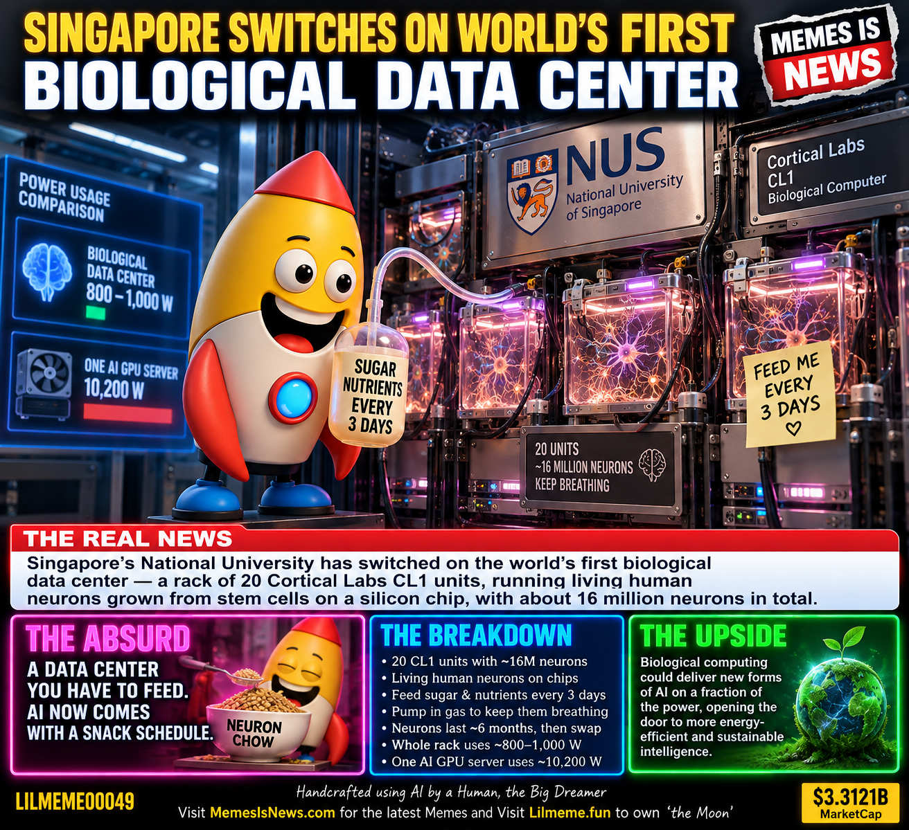 Singapore switched on a data center of 16 million living human neurons. It needs feeding every 3 days.