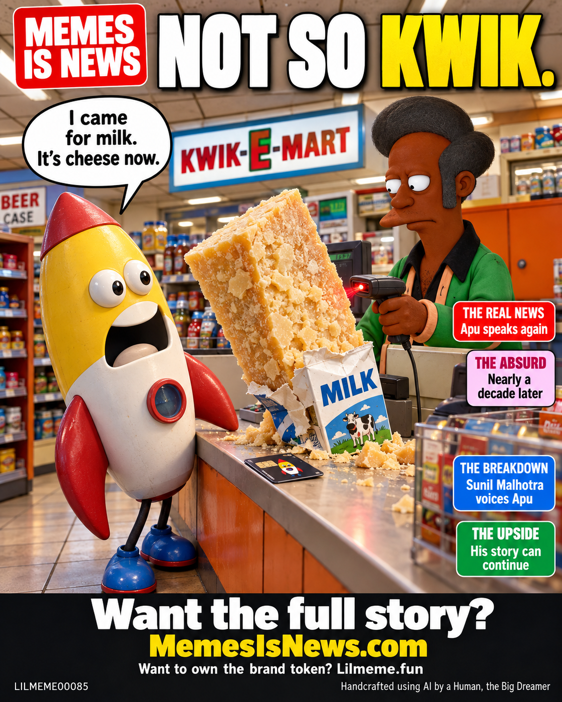 Memes Is News card LILMEME00085: NOT SO KWIK. Lil'meme says: I came for milk. It’s cheese now.