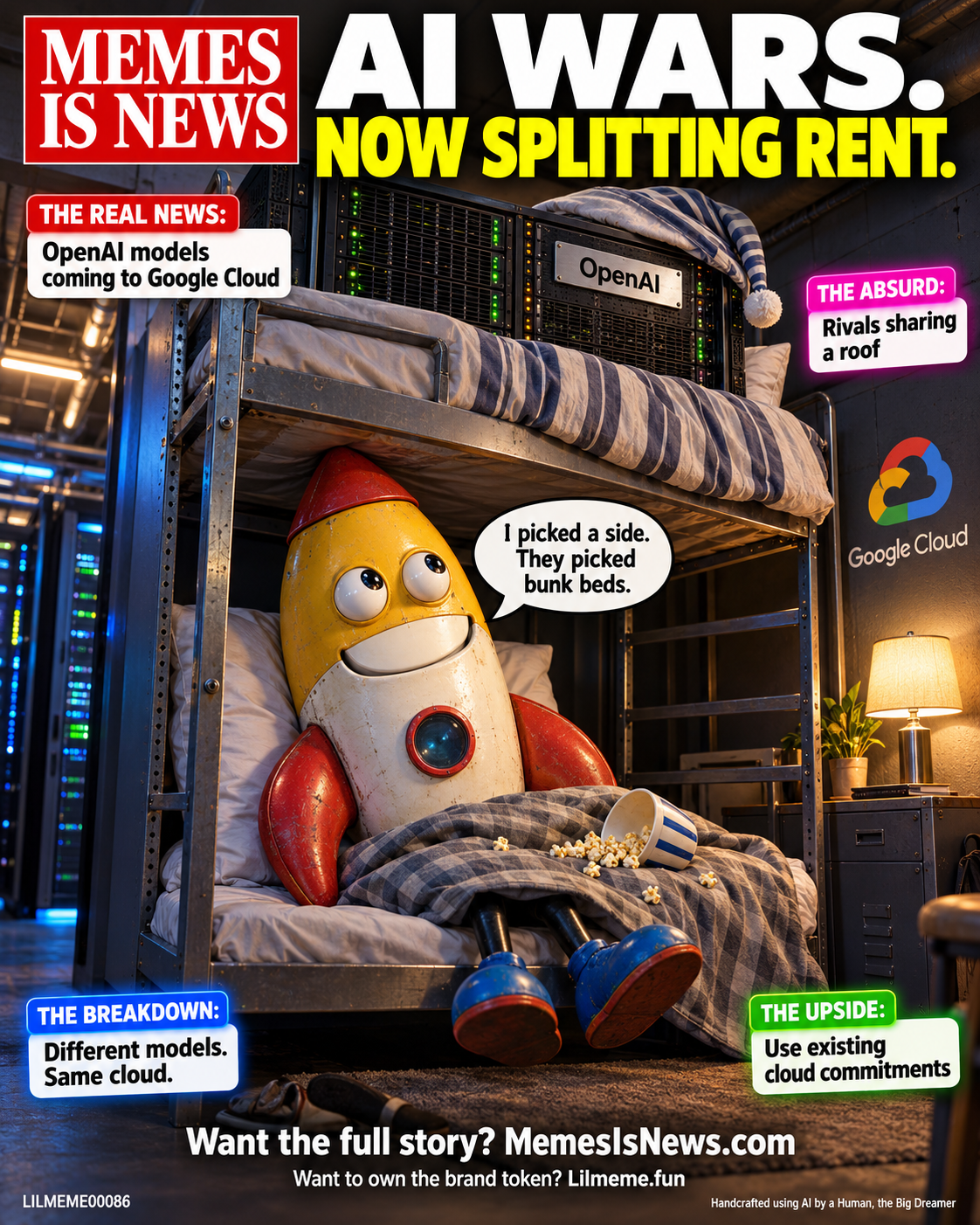 Memes Is News card LILMEME00086: AI WARS. NOW SPLITTING RENT. Lil'meme says: I picked a side. They picked bunk beds.
