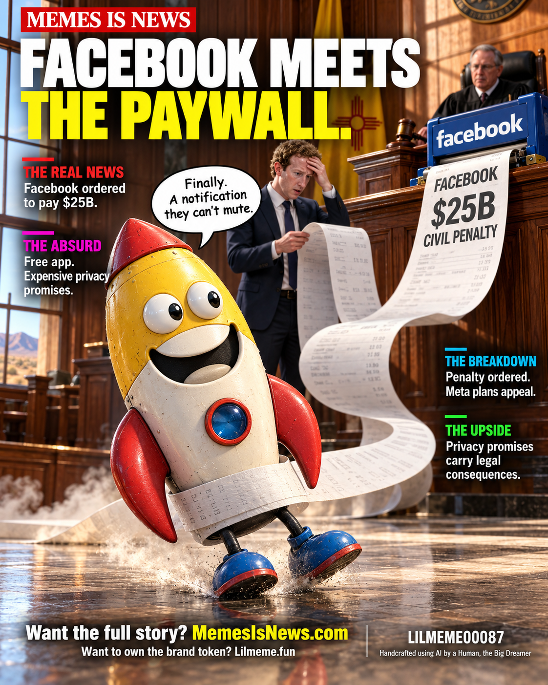 Memes Is News card LILMEME00087: FACEBOOK MEETS THE PAYWALL. Lil'meme says: Finally. A notification they can't mute.