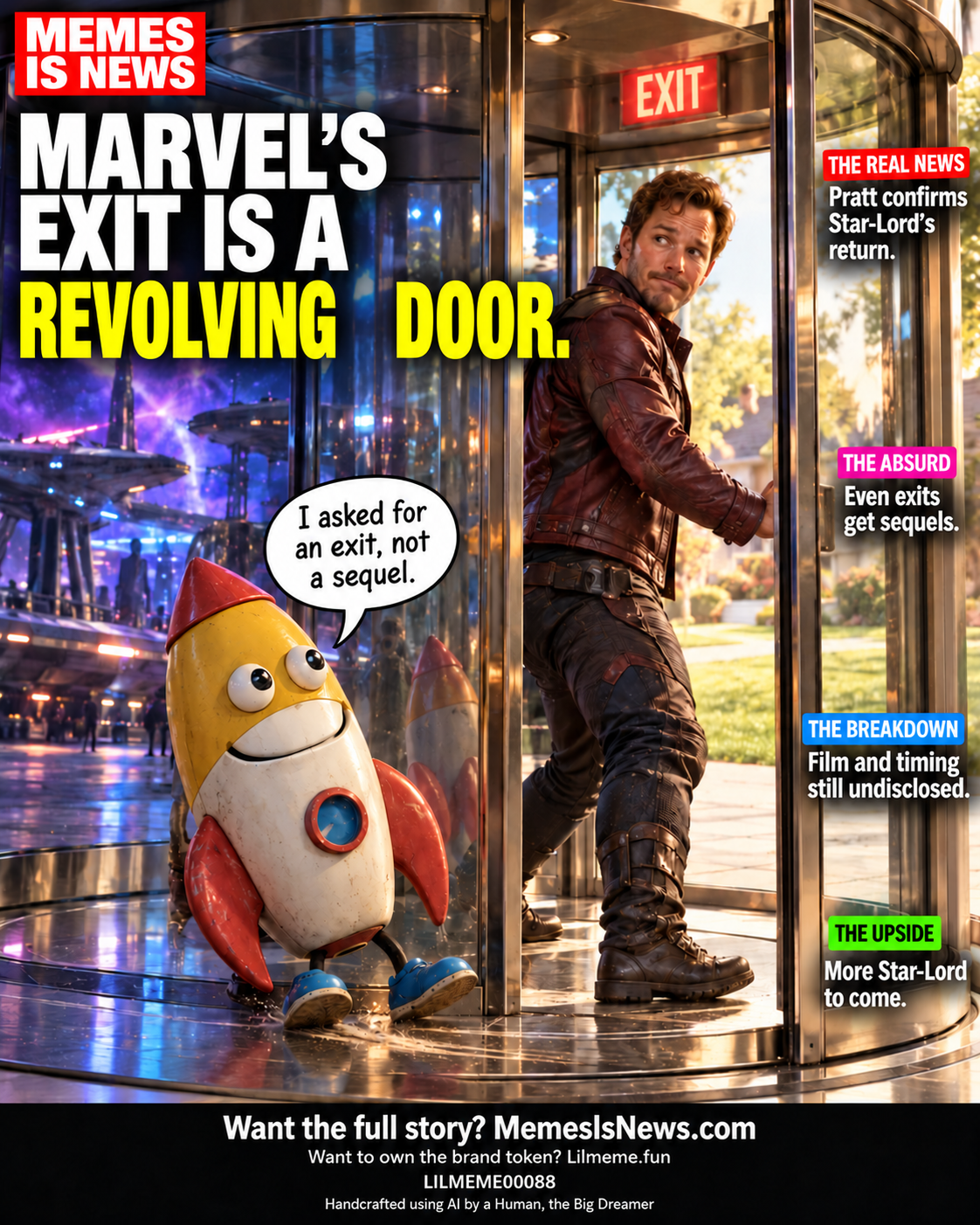Memes Is News card LILMEME00088: MARVEL’S EXIT IS A REVOLVING DOOR. Lil'meme says: I asked for an exit, not a sequel.