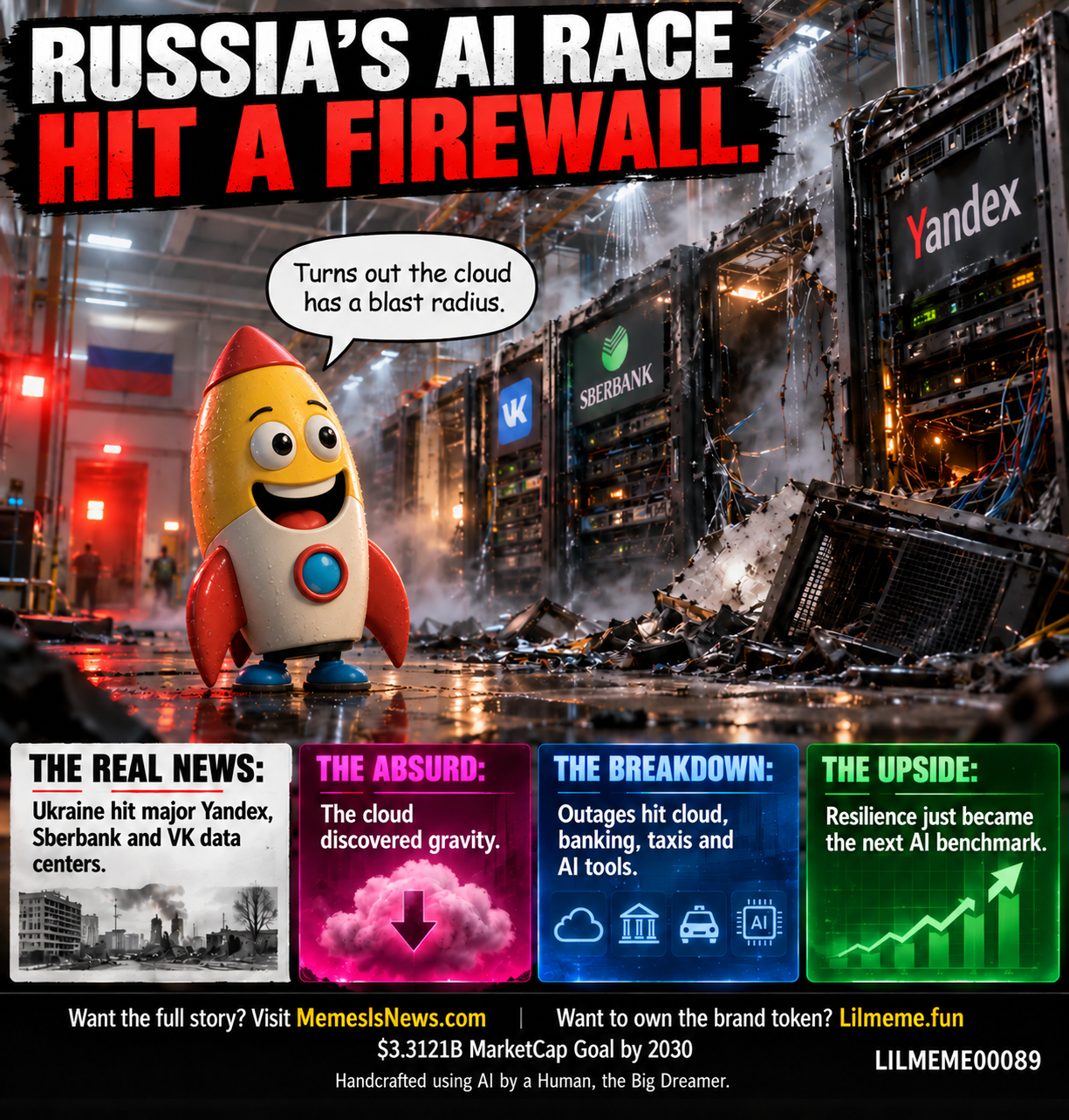 Memes Is News card LILMEME00089: RUSSIA’S AI RACE HIT A FIREWALL. Lil'meme says: Turns out the cloud has a blast radius.