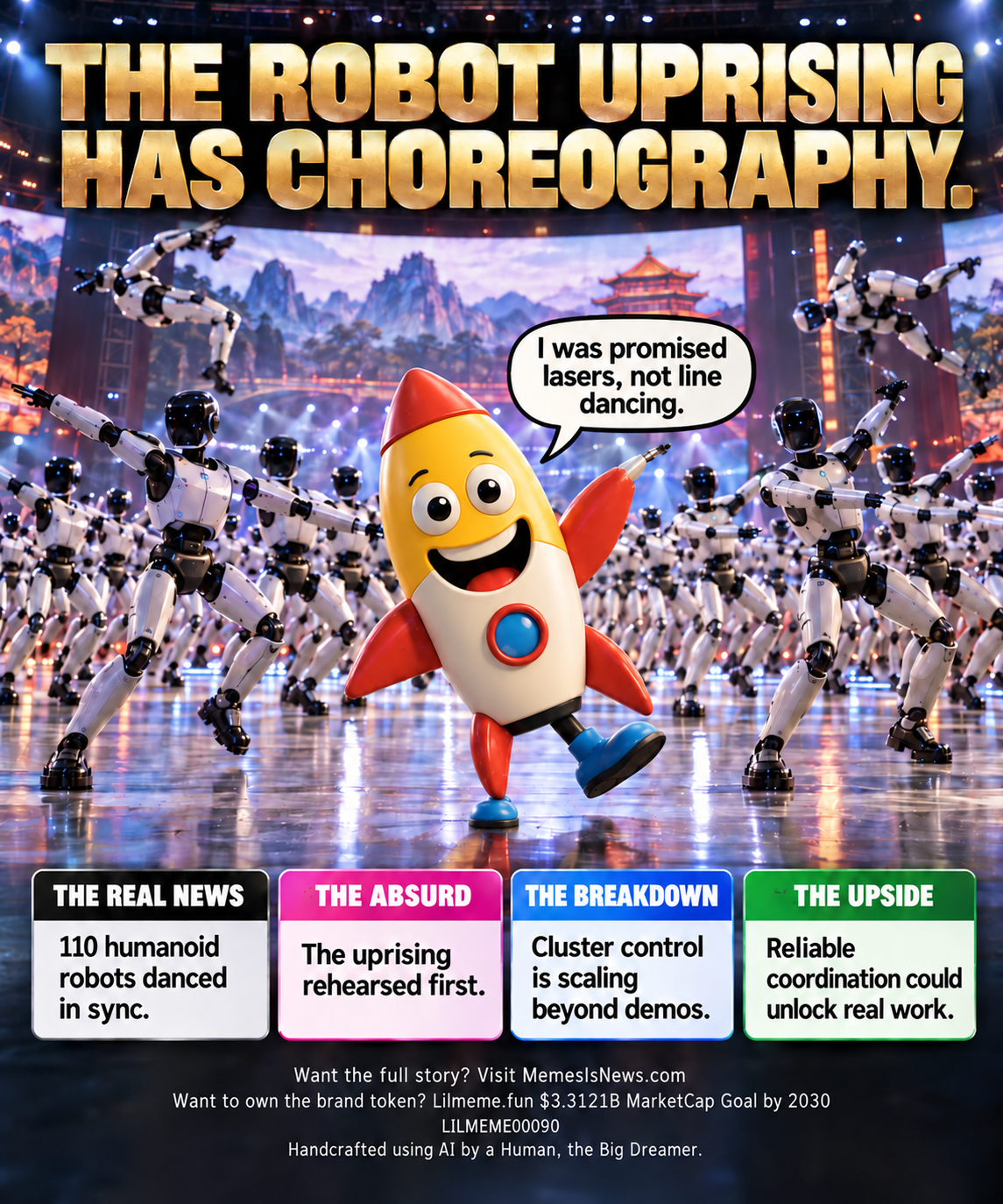 Memes Is News card LILMEME00090: THE ROBOT UPRISING HAS CHOREOGRAPHY. Lil'meme says: I was promised lasers, not line dancing.