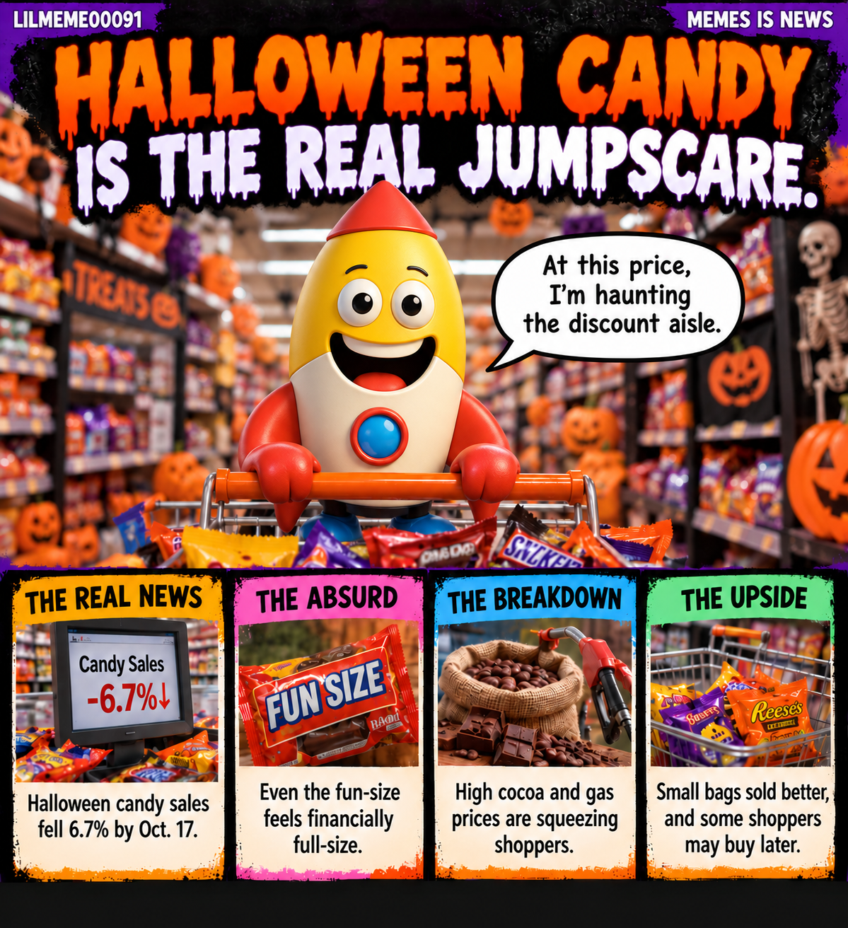 Memes Is News card LILMEME00091: HALLOWEEN CANDY IS THE REAL JUMPSCARE. Lil'meme says: At this price, I'm haunting the discount aisle.