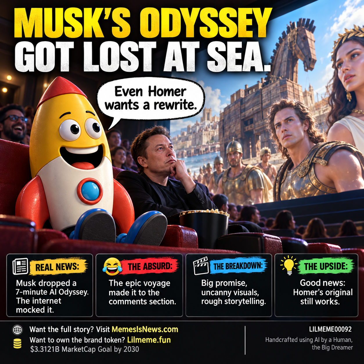 Memes Is News card LILMEME00092: MUSK’S ODYSSEY GOT LOST AT SEA. Lil'meme says: Even Homer wants a rewrite.