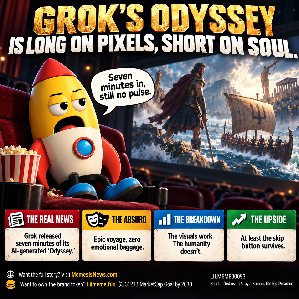 Memes Is News card LILMEME00093: GROK’S ODYSSEY IS LONG ON PIXELS, SHORT ON SOUL. Lil'meme says: Seven minutes in, still no pulse.