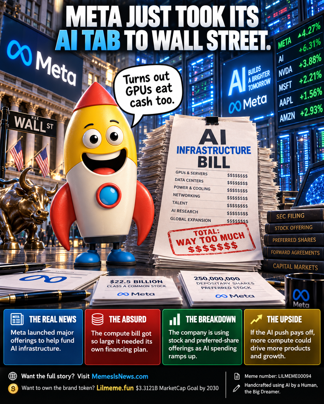 Memes Is News card LILMEME00094: META JUST TOOK ITS AI TAB TO WALL STREET. Lil'meme says: Turns out GPUs eat cash too.