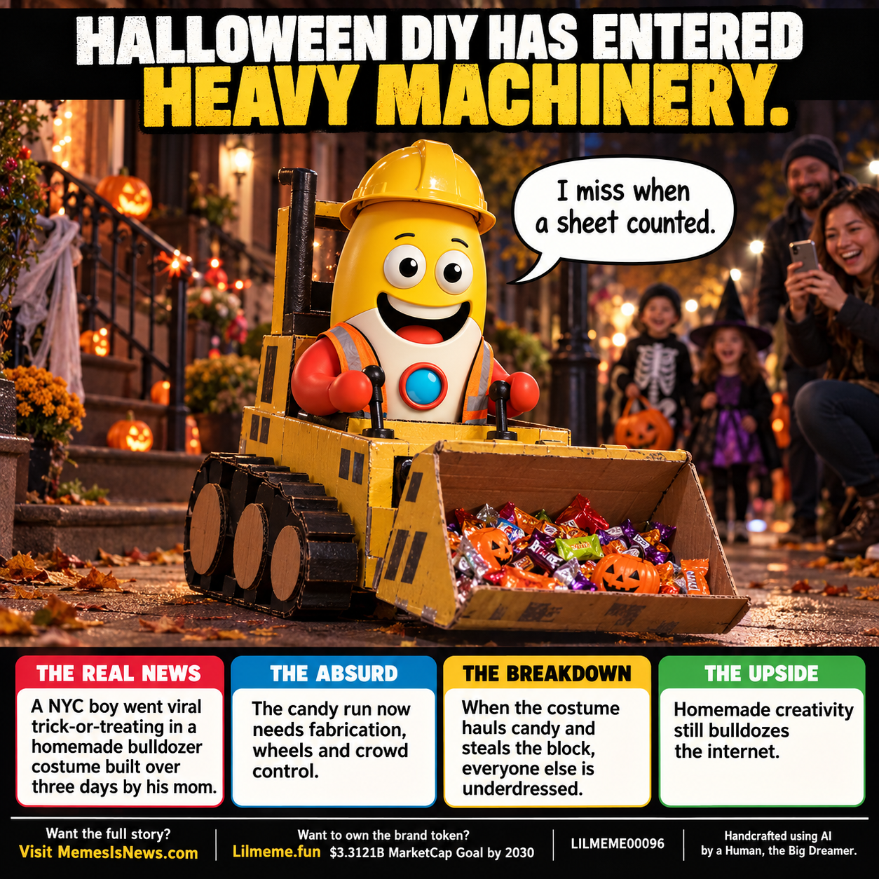 Memes Is News card LILMEME00096: HALLOWEEN DIY HAS ENTERED HEAVY MACHINERY. Lil'meme says: I miss when a sheet counted.