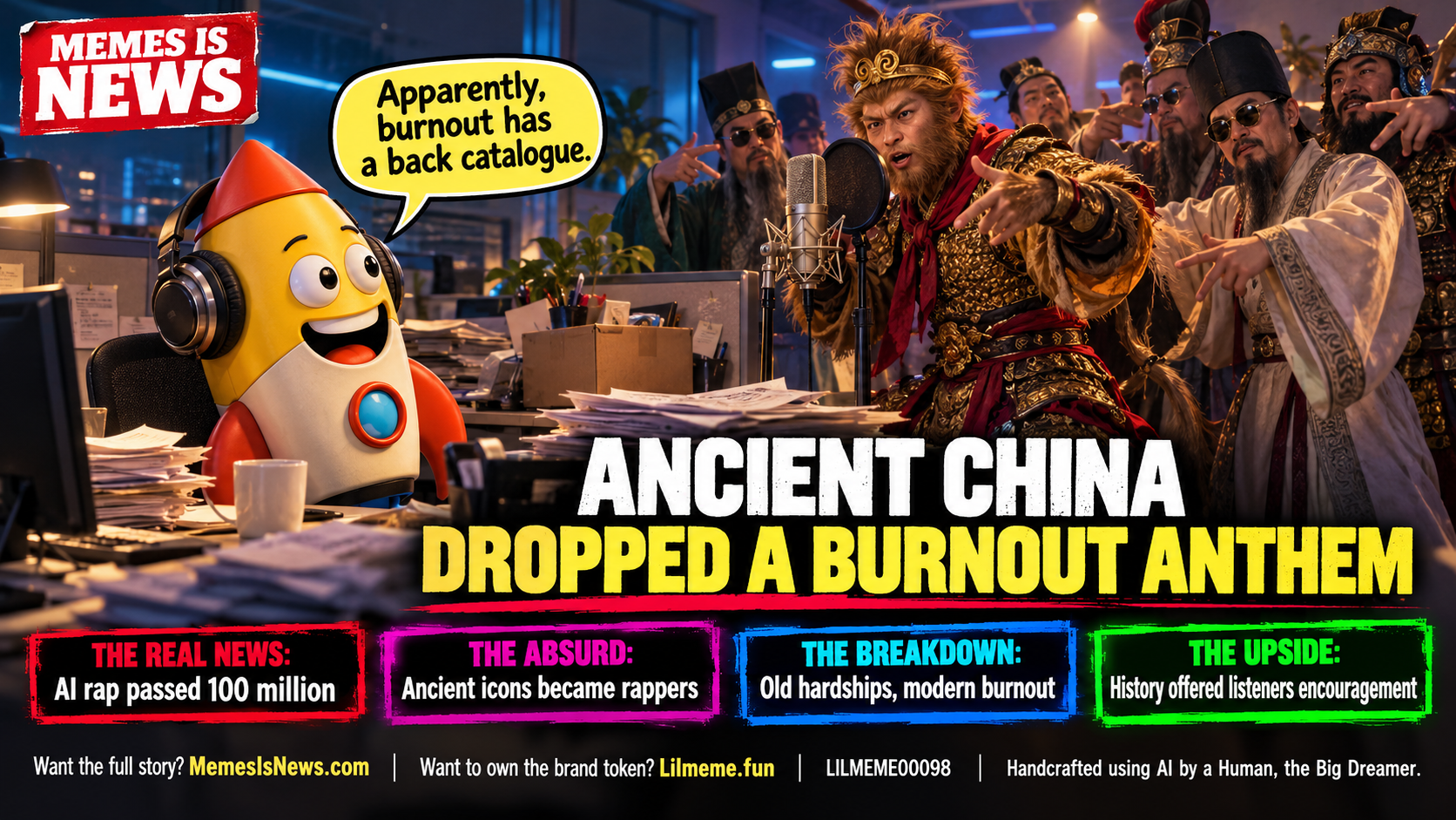 Memes Is News card LILMEME00098: ANCIENT CHINA DROPPED A BURNOUT ANTHEM Lil'meme says: Apparently, burnout has a back catalogue.