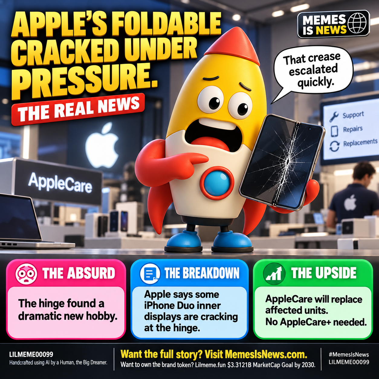 Memes Is News card LILMEME00099: APPLE’S FOLDABLE CRACKED UNDER PRESSURE. Lil'meme says: That crease escalated quickly.