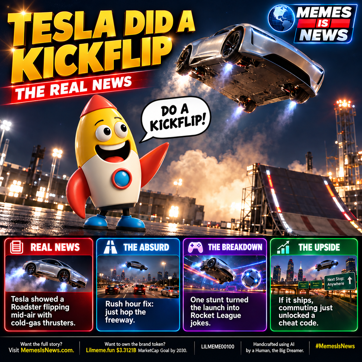 Memes Is News card LILMEME00100: TESLA DID A KICKFLIP Lil'meme says: DO A KICKFLIP!