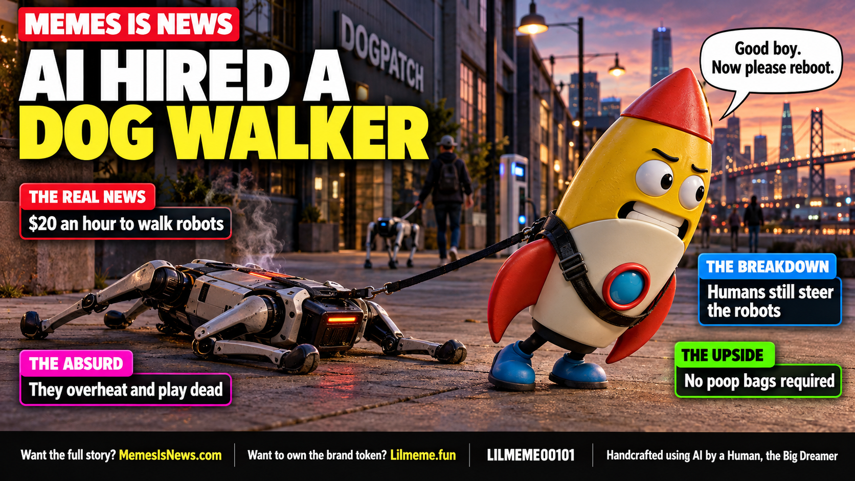 Memes Is News card LILMEME00101: AI HIRED A DOG WALKER Lil'meme says: Good boy. Now please reboot.