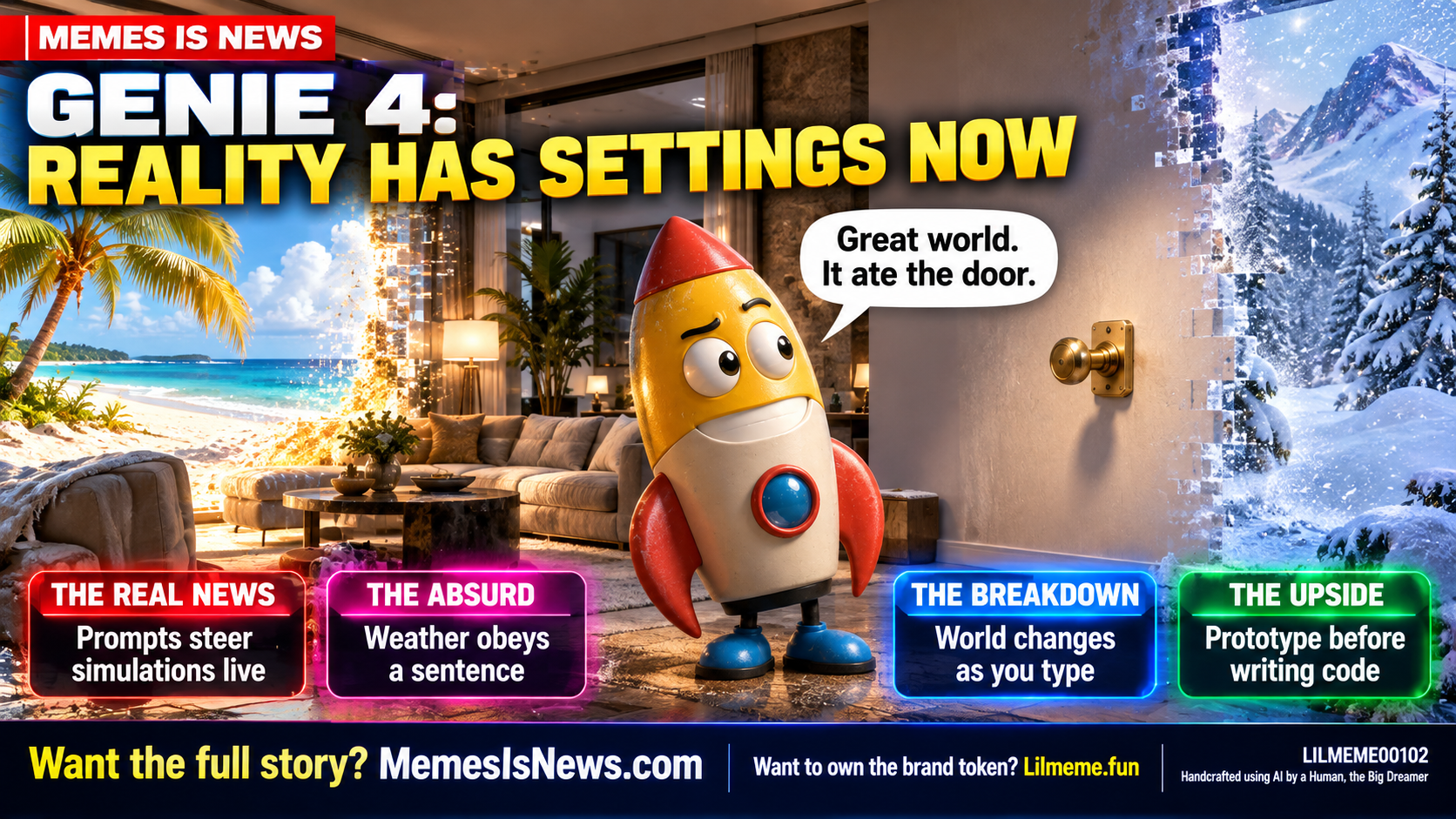 Memes Is News card LILMEME00102: GENIE 4: REALITY HAS SETTINGS NOW Lil'meme says: Great world. It ate the door.