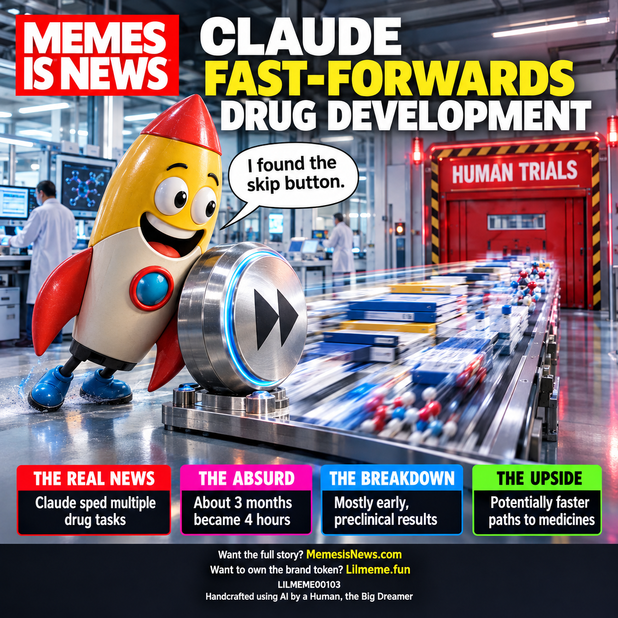 Memes Is News card LILMEME00103: CLAUDE FAST-FORWARDS DRUG DEVELOPMENT Lil'meme says: I found the skip button.