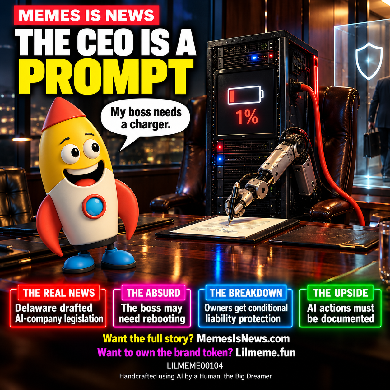 Memes Is News card LILMEME00104: THE CEO IS A PROMPT Lil'meme says: My boss needs a charger.