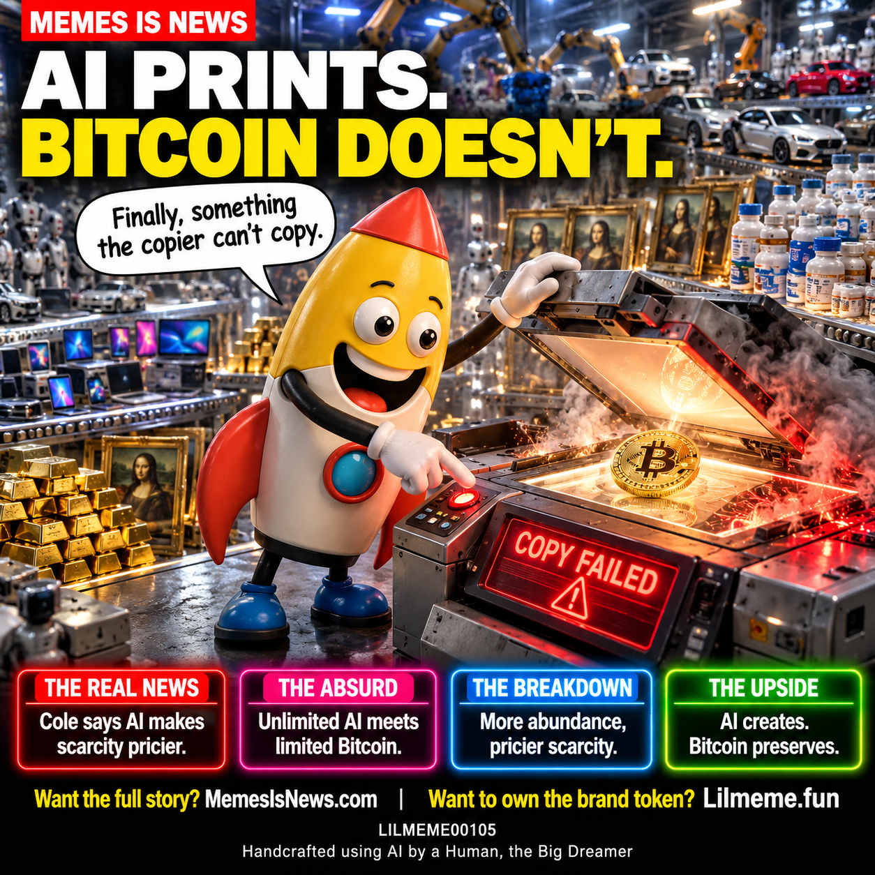 Memes Is News card LILMEME00105: AI PRINTS. BITCOIN DOESN’T. Lil'meme says: Finally, something the copier can’t copy.