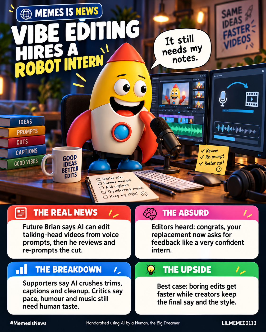 Memes Is News card LILMEME00113: VIBE EDITING HIRES A ROBOT INTERN Lil'meme says: It still needs my notes.
