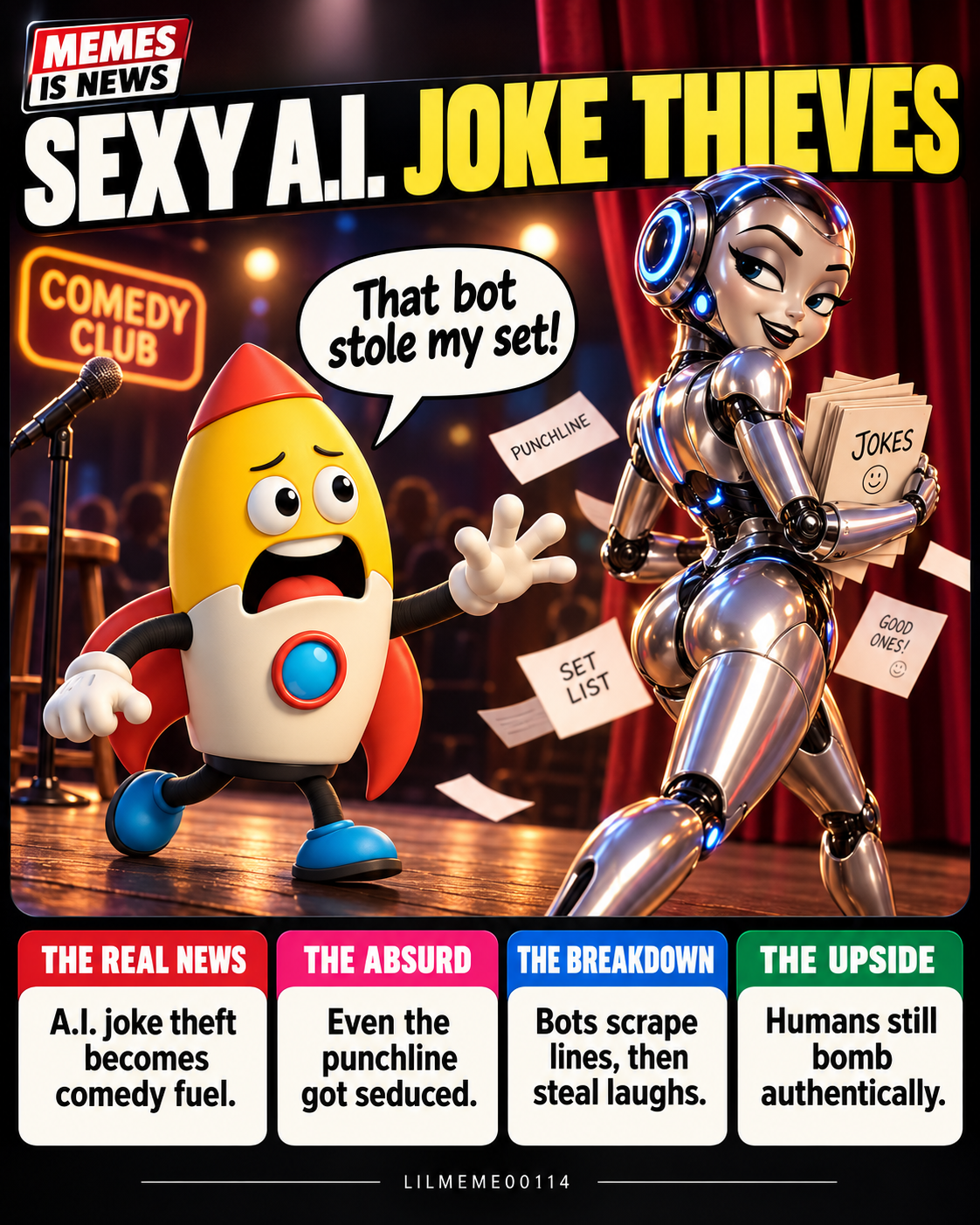 Memes Is News card LILMEME00114: SEXY A.I. JOKE THIEVES Lil'meme says: That bot stole my set!