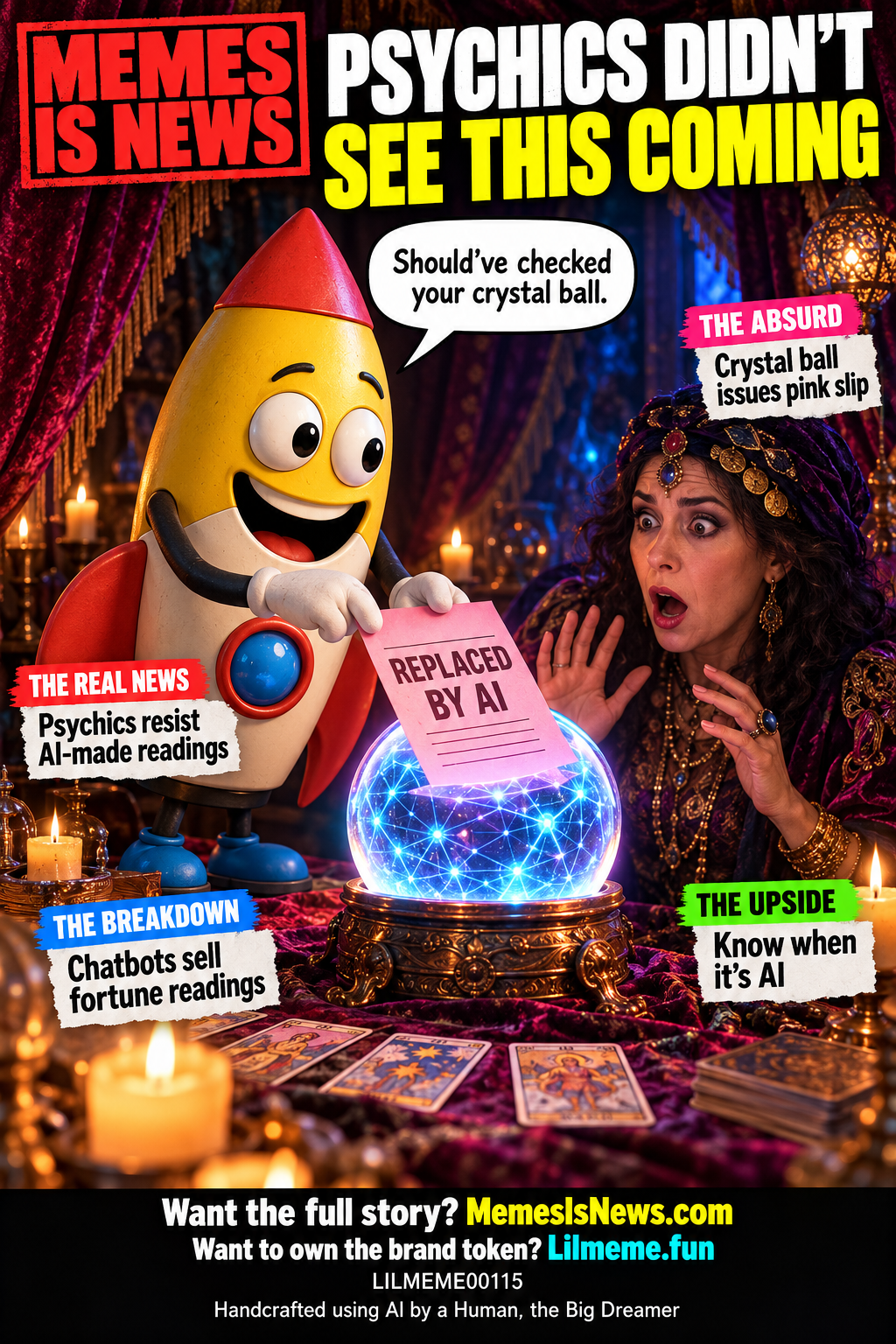 Memes Is News card LILMEME00115: PSYCHICS DIDN’T SEE THIS COMING Lil'meme says: Should’ve checked your crystal ball.
