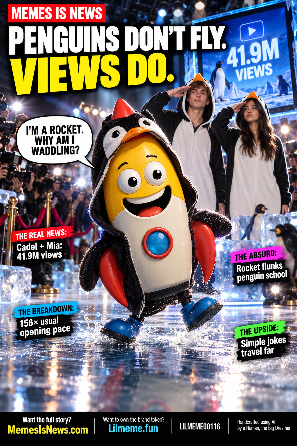 Memes Is News card LILMEME00116: PENGUINS DON’T FLY. VIEWS DO. Lil'meme says: I’M A ROCKET. WHY AM I WADDLING?