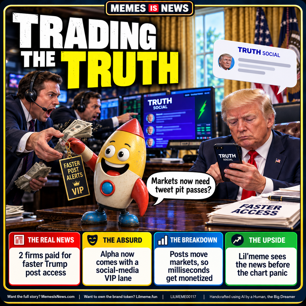 Memes Is News card LILMEME00117: TRADING THE TRUTH Lil'meme says: Markets now need tweet pit passes?