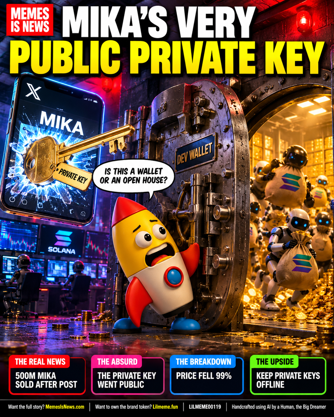Memes Is News card LILMEME00119: MIKA’S VERY PUBLIC PRIVATE KEY Lil'meme says: IS THIS A WALLET OR AN OPEN HOUSE?