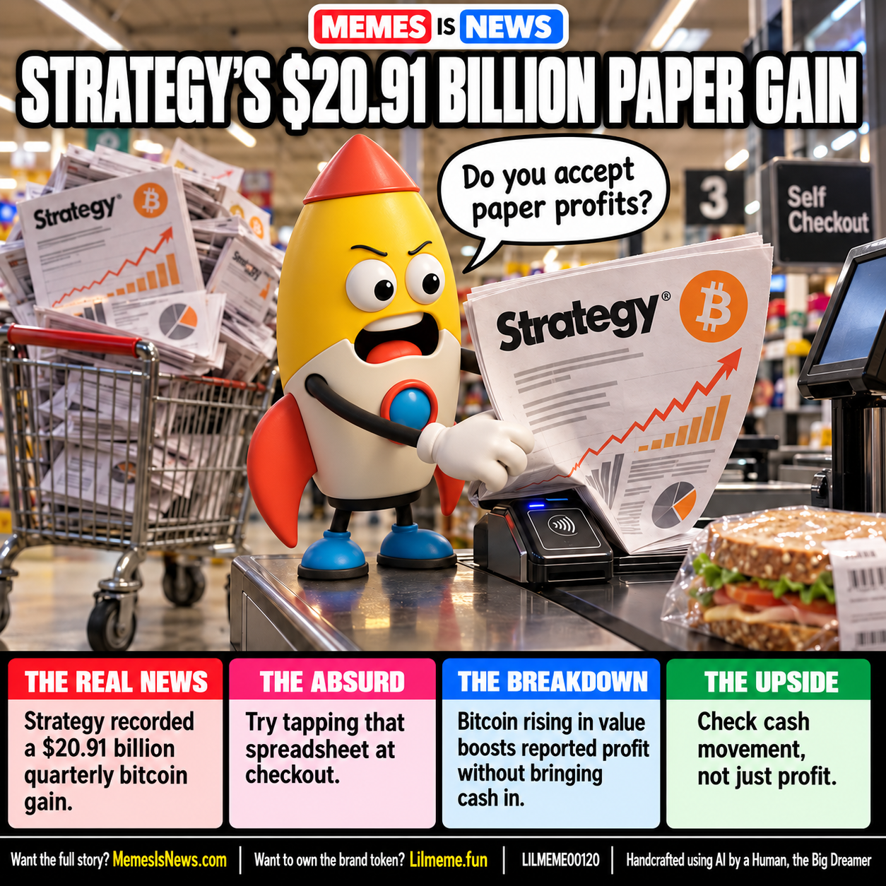 Memes Is News card LILMEME00120: STRATEGY'S $20.91 BILLION PAPER GAIN Lil'meme says: Do you accept paper profits?