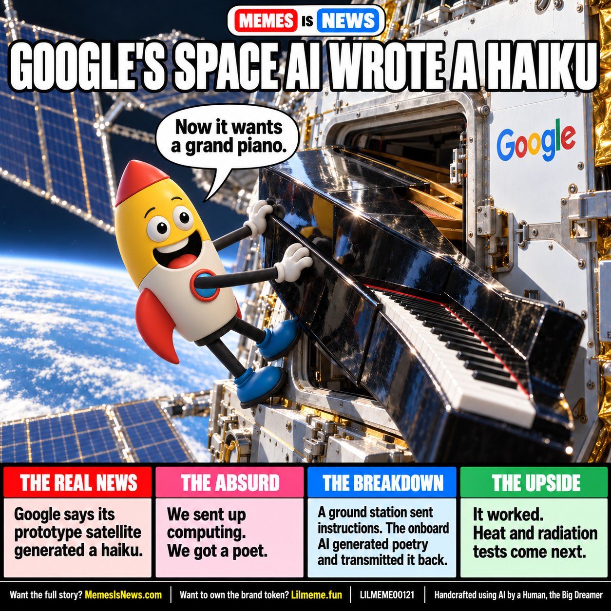 Memes Is News card LILMEME00121: GOOGLE'S SPACE AI WROTE A HAIKU Lil'meme says: Now it wants a grand piano.