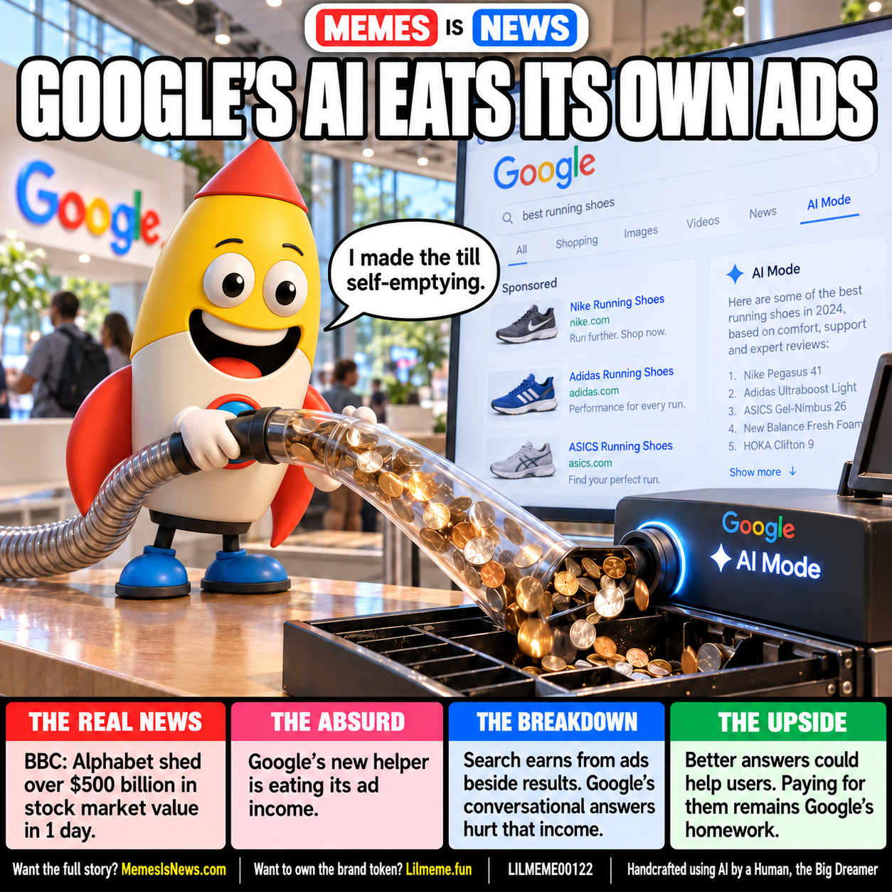 Memes Is News card LILMEME00122: GOOGLE'S AI EATS ITS OWN ADS Lil'meme says: I made the till self-emptying.