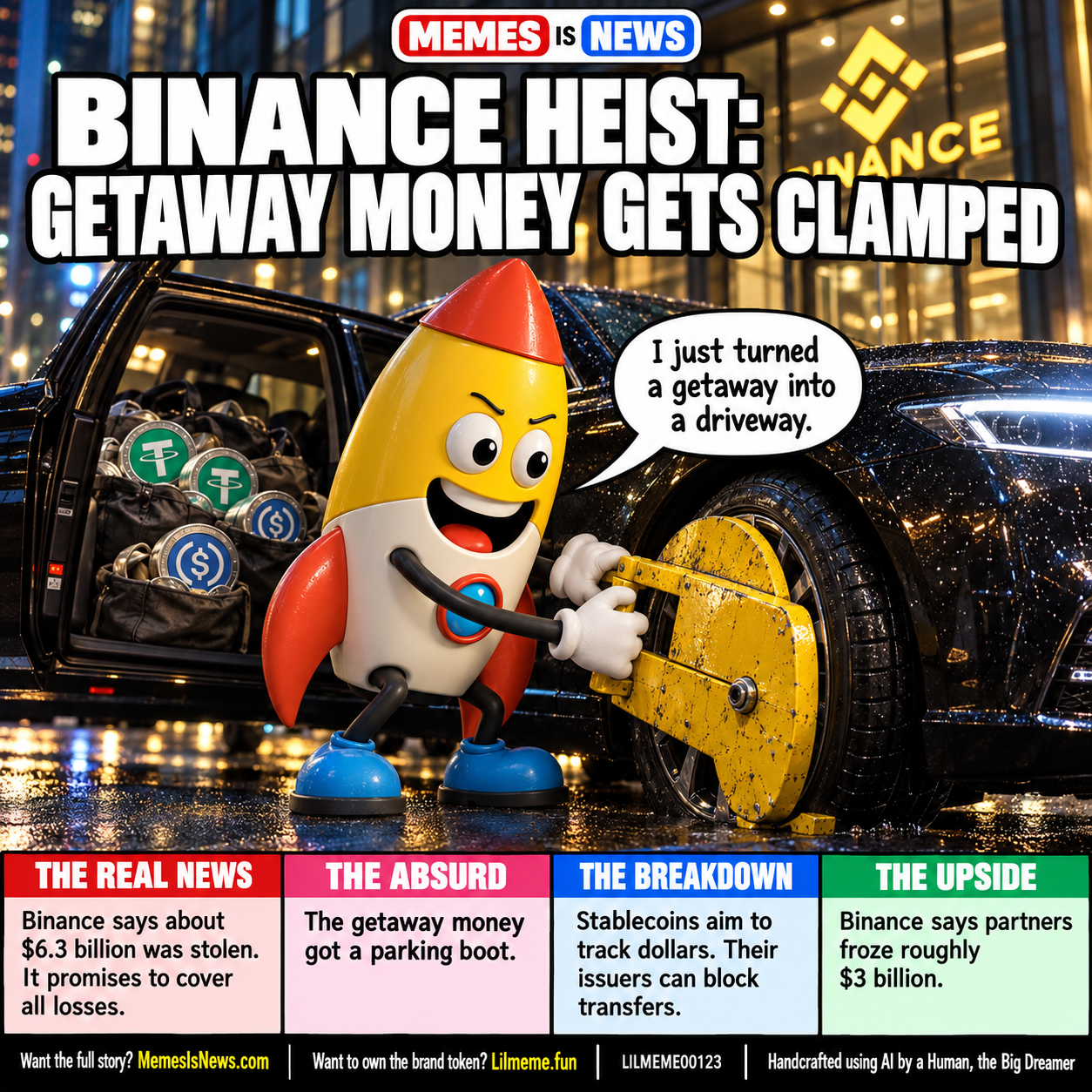 Memes Is News card LILMEME00123: BINANCE HEIST: GETAWAY MONEY GETS CLAMPED Lil'meme says: I just turned a getaway into a driveway.