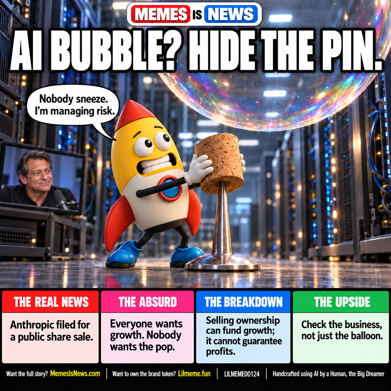 Memes Is News card LILMEME00124: AI BUBBLE? HIDE THE PIN. Lil'meme says: Nobody sneeze. I'm managing risk.