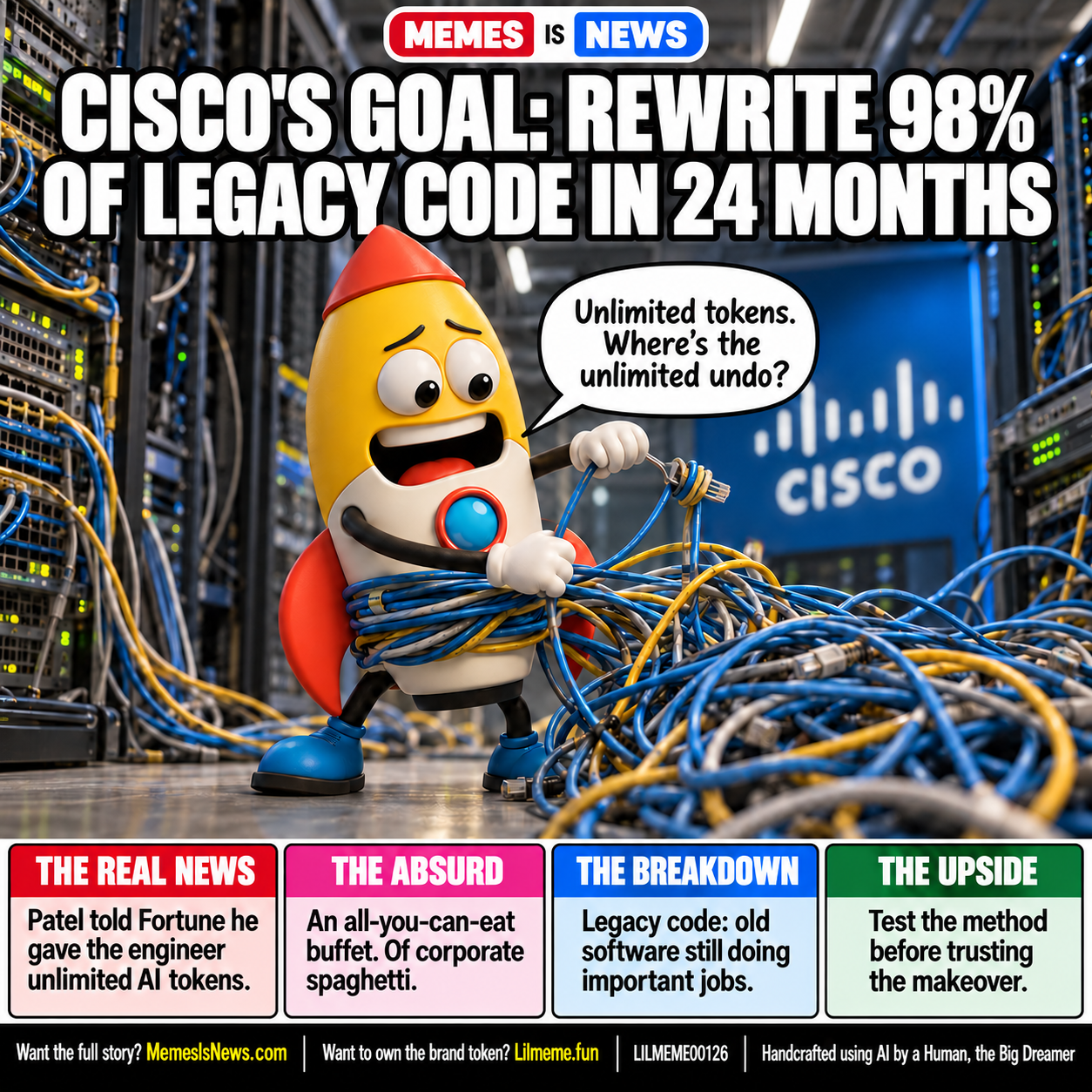 Memes Is News card LILMEME00126: CISCO'S GOAL: REWRITE 98% OF LEGACY CODE IN 24 MONTHS Lil'meme says: Unlimited tokens. Where's the unlimited undo?