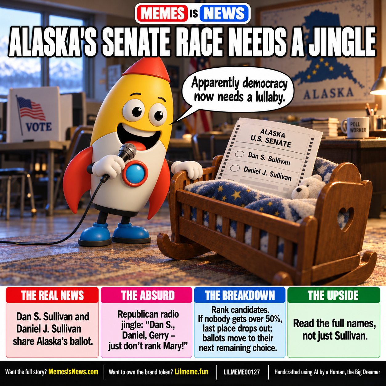 Memes Is News card LILMEME00127: ALASKA'S SENATE RACE NEEDS A JINGLE Lil'meme says: Apparently democracy now needs a lullaby.