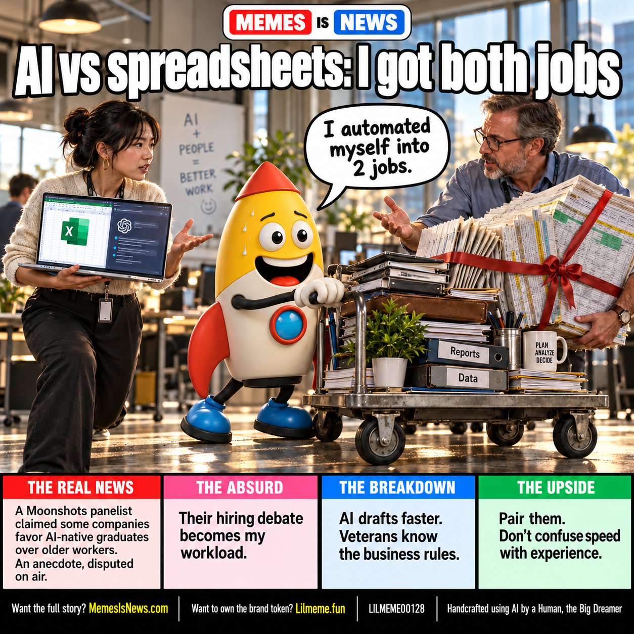 Memes Is News card LILMEME00128: AI vs spreadsheets: I got both jobs Lil'meme says: I automated myself into 2 jobs.