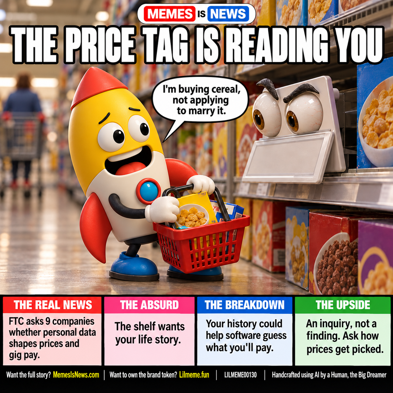 Memes Is News card LILMEME00130: THE PRICE TAG IS READING YOU Lil'meme says: I'm buying cereal, not applying to marry it.