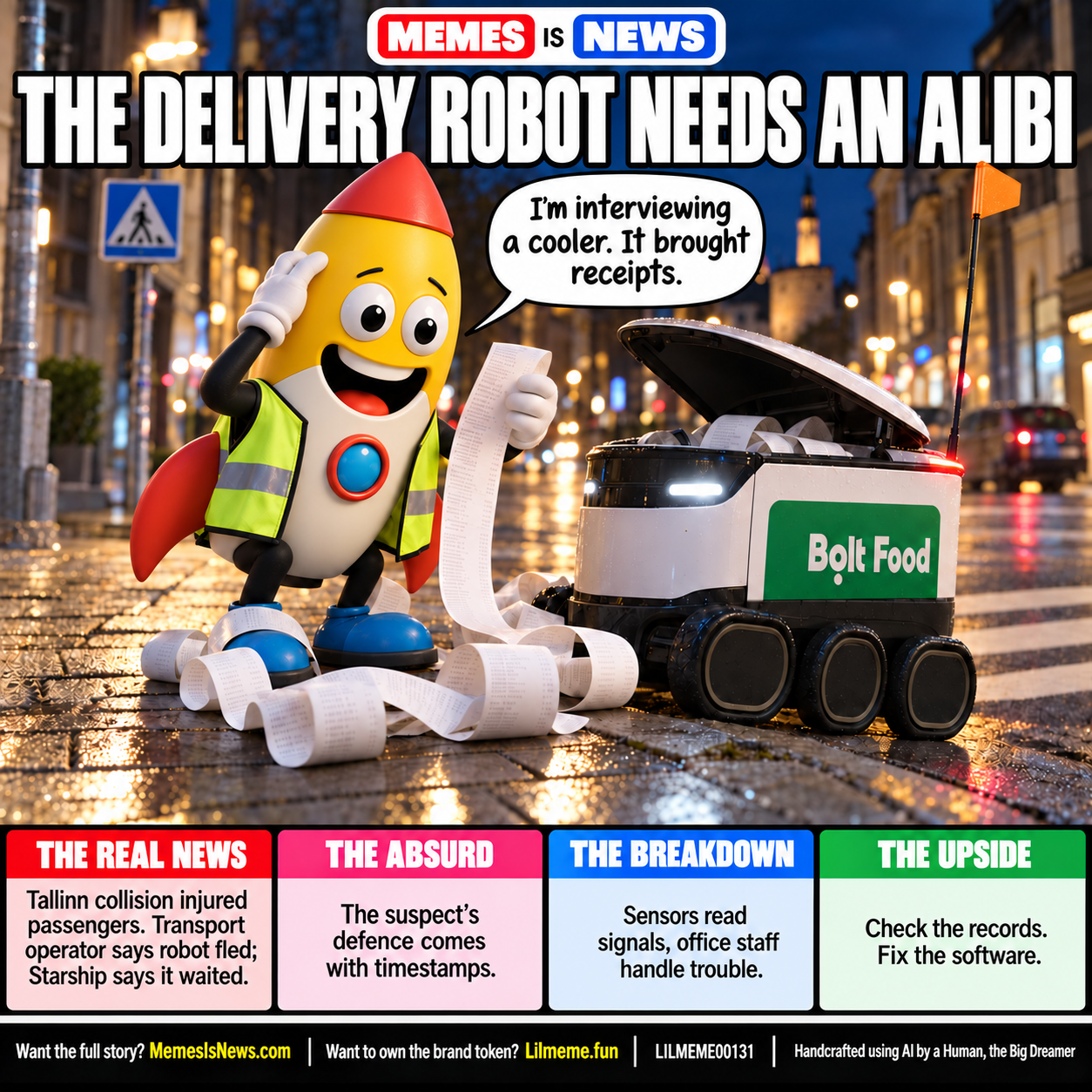 Memes Is News card LILMEME00131: THE DELIVERY ROBOT NEEDS AN ALIBI Lil'meme says: I'm interviewing a cooler. It brought receipts.