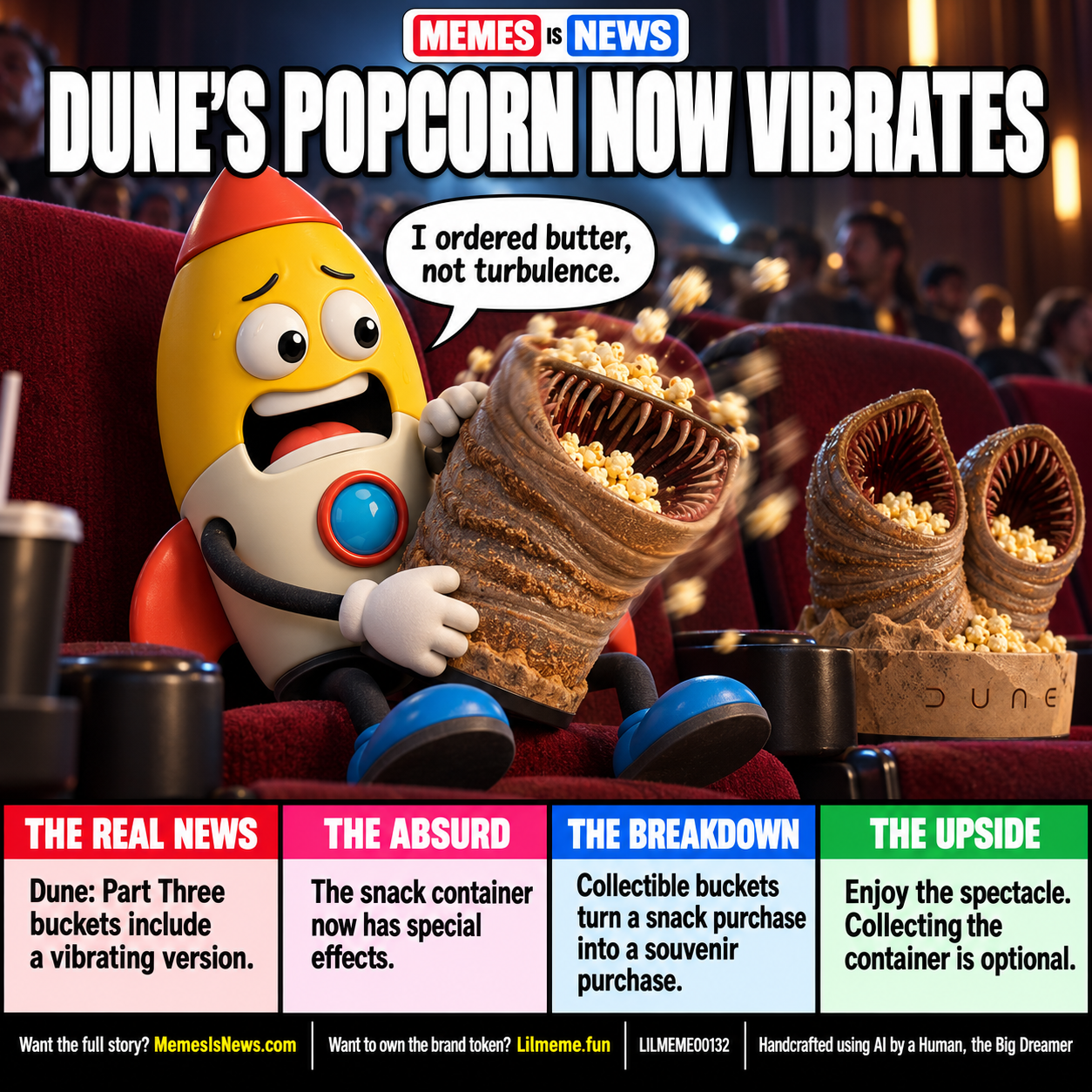 Memes Is News card LILMEME00132: DUNE'S POPCORN NOW VIBRATES Lil'meme says: I ordered butter, not turbulence.