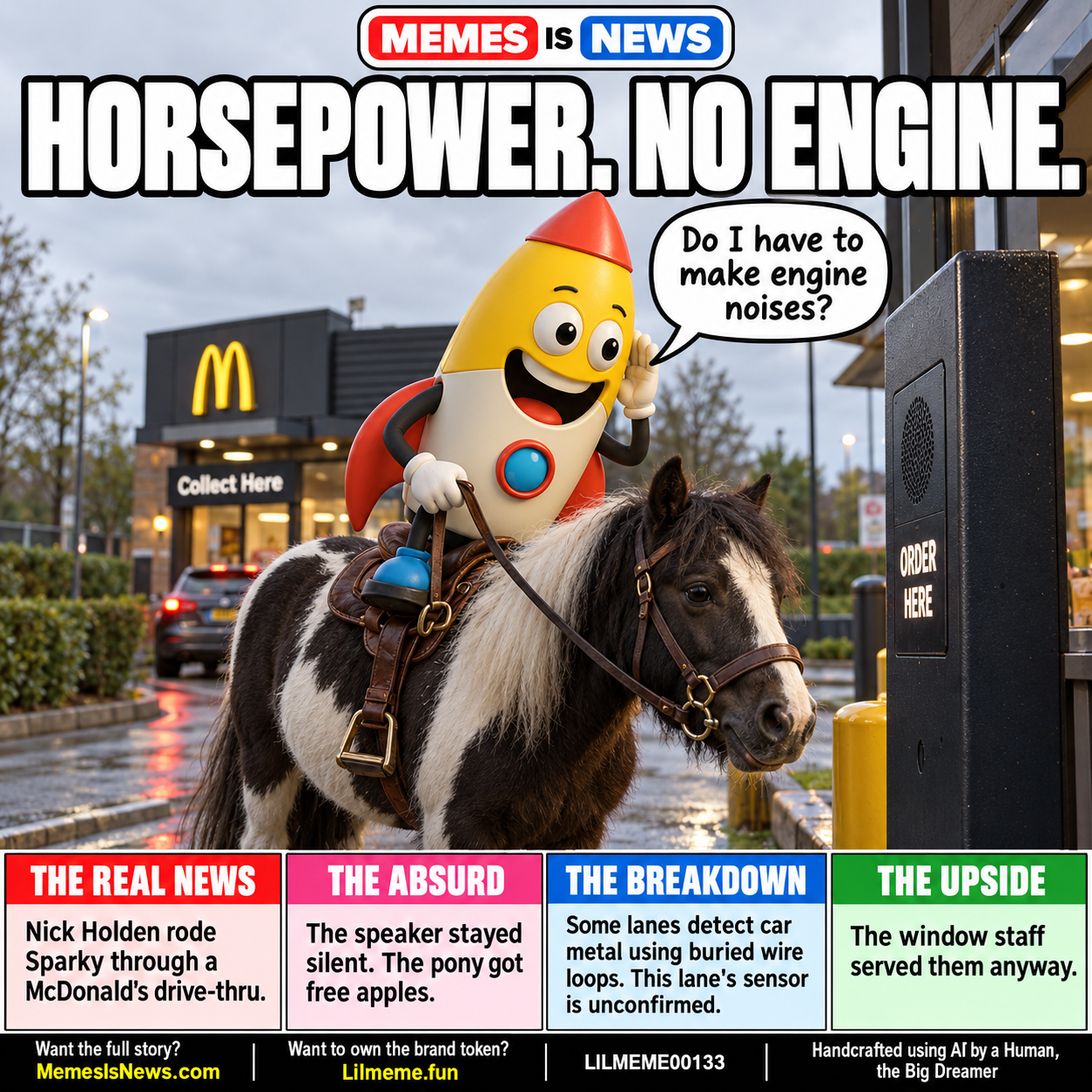 Memes Is News card LILMEME00133: HORSEPOWER. NO ENGINE. Lil'meme says: Do I have to make engine noises?