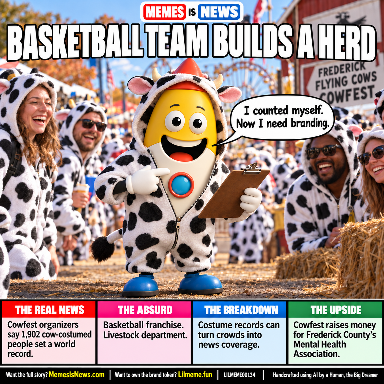Memes Is News card LILMEME00134: BASKETBALL TEAM BUILDS A HERD Lil'meme says: I counted myself. Now I need branding.