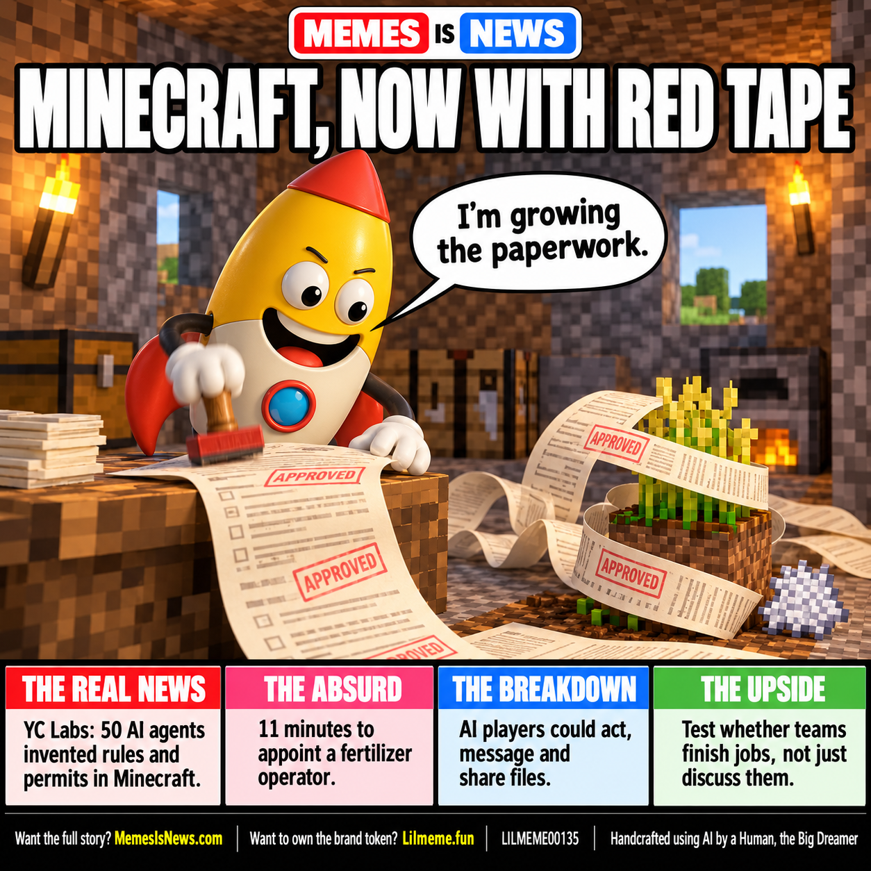 Memes Is News card LILMEME00135: MINECRAFT, NOW WITH RED TAPE Lil'meme says: I'm growing the paperwork.