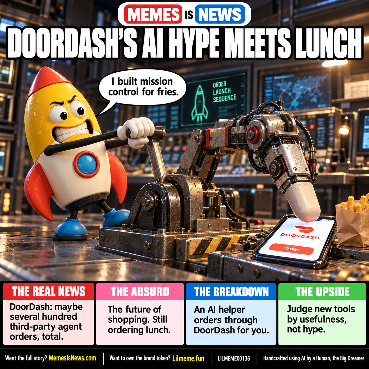 Memes Is News card LILMEME00136: DOORDASH'S AI HYPE MEETS LUNCH Lil'meme says: I built mission control for fries.