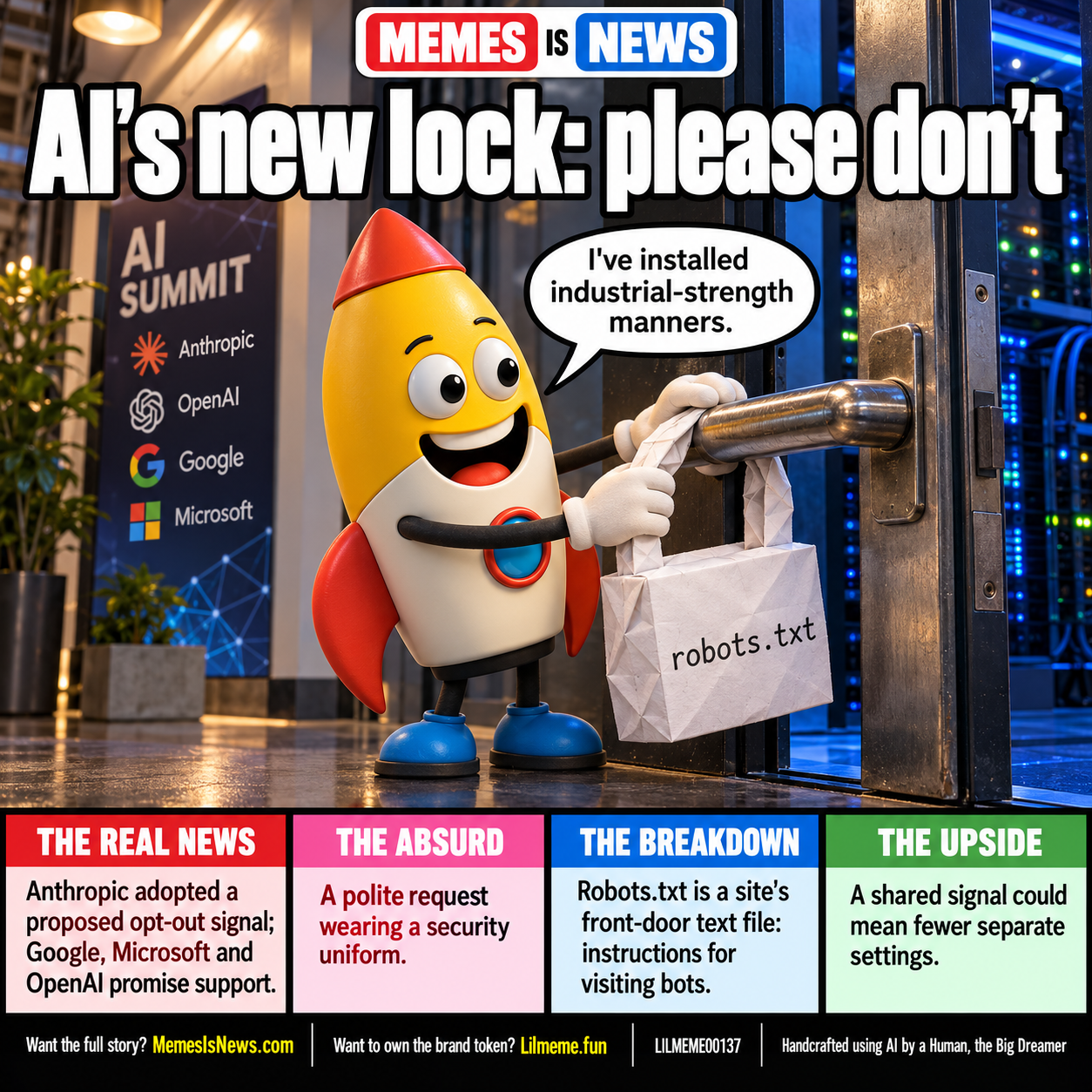 Memes Is News card LILMEME00137: AI's new lock: please don't Lil'meme says: I've installed industrial-strength manners.