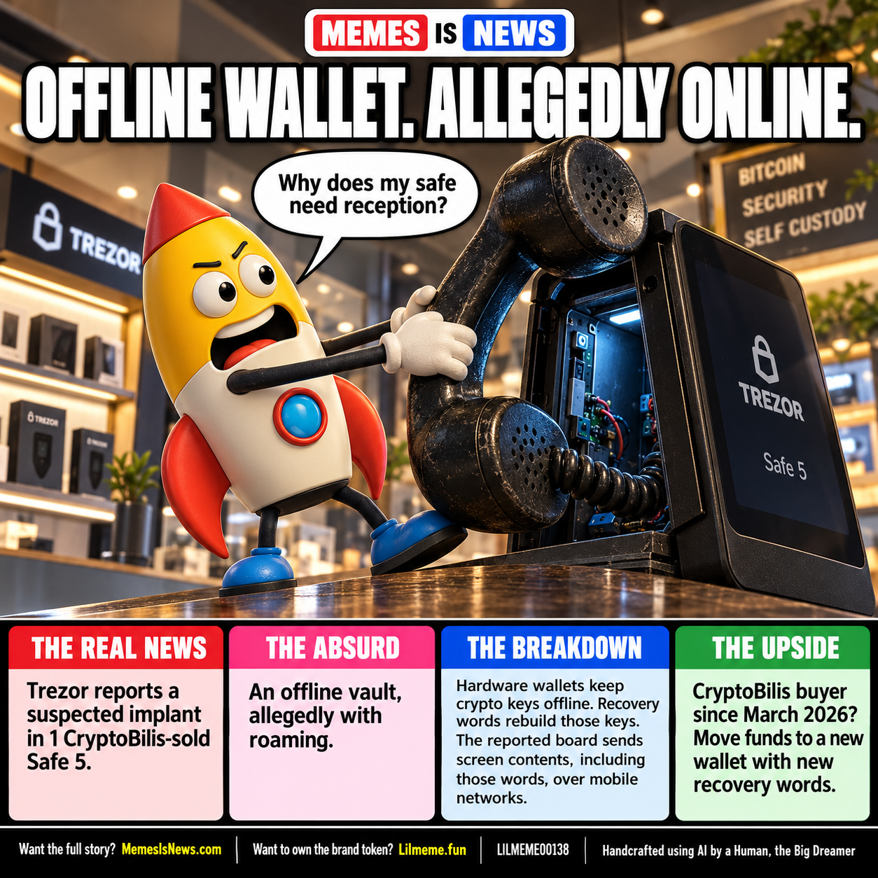 Memes Is News card LILMEME00138: OFFLINE WALLET. ALLEGEDLY ONLINE. Lil'meme says: Why does my safe need reception?