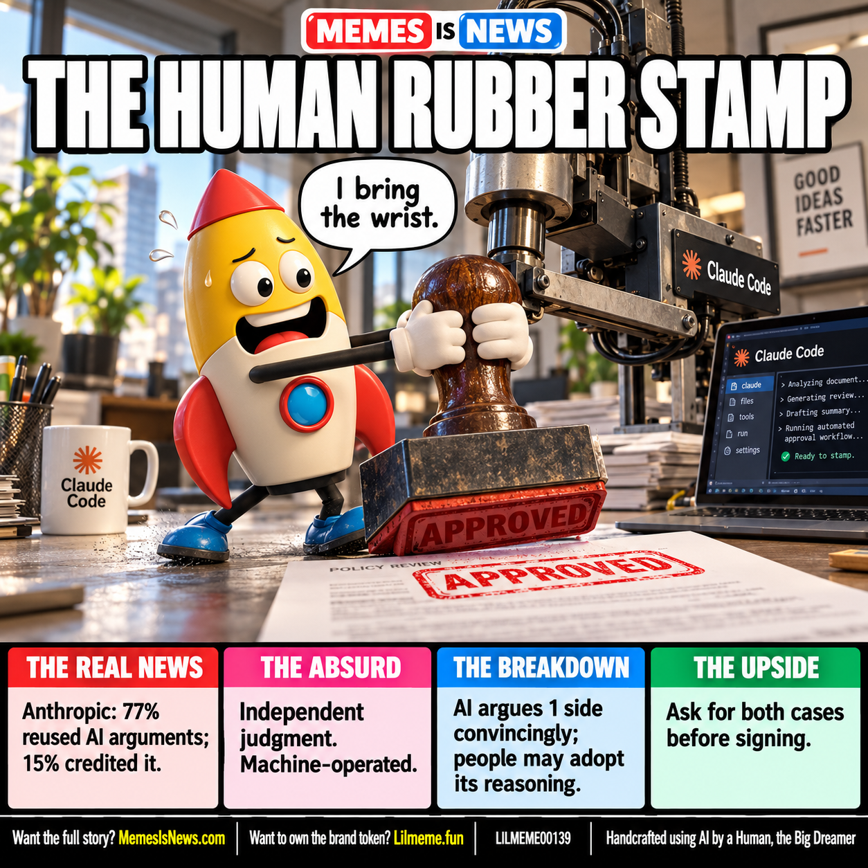 Memes Is News card LILMEME00139: THE HUMAN RUBBER STAMP Lil'meme says: I bring the wrist.