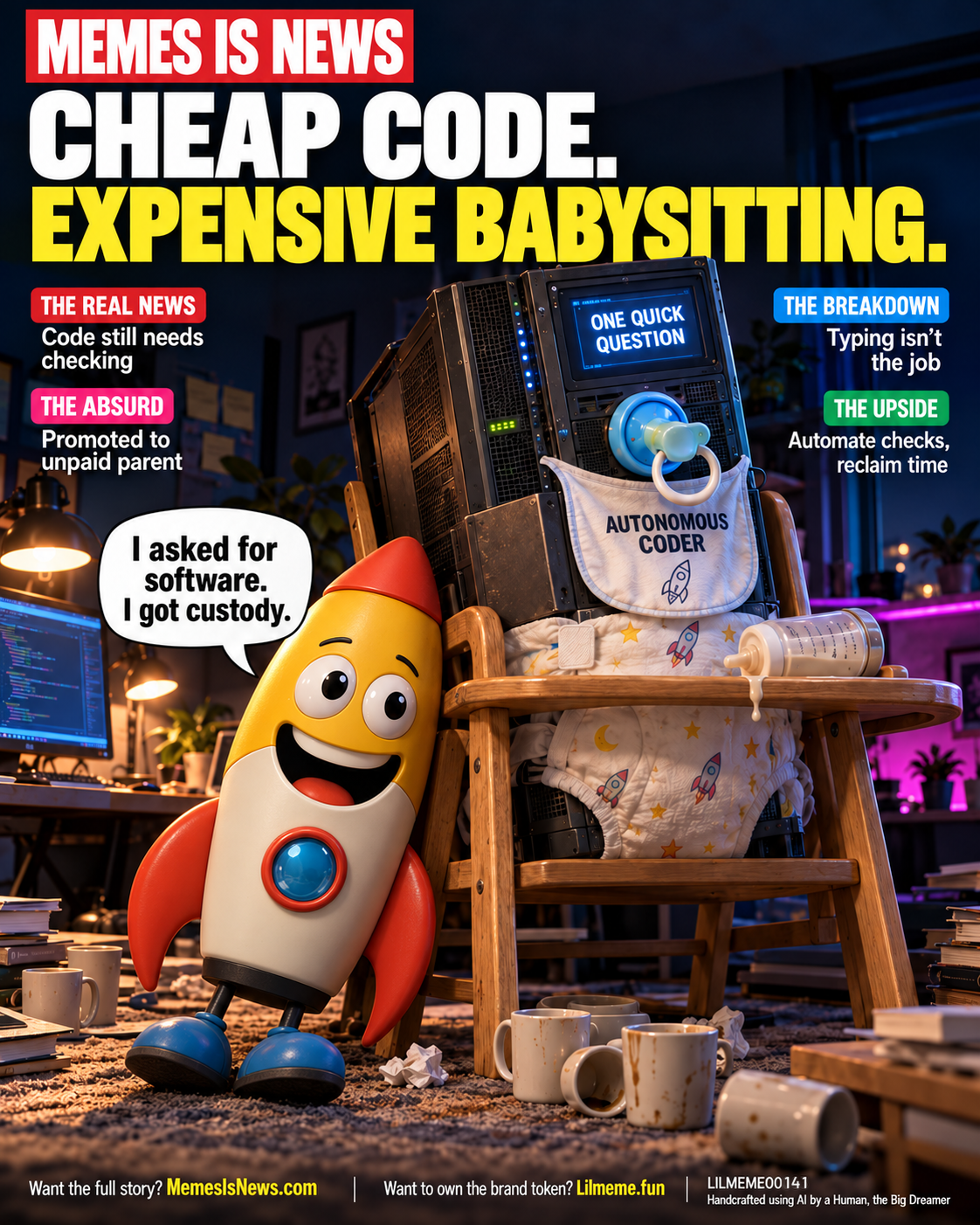 Memes Is News card LILMEME00141: CHEAP CODE. EXPENSIVE BABYSITTING. Lil'meme says: I asked for software. I got custody.
