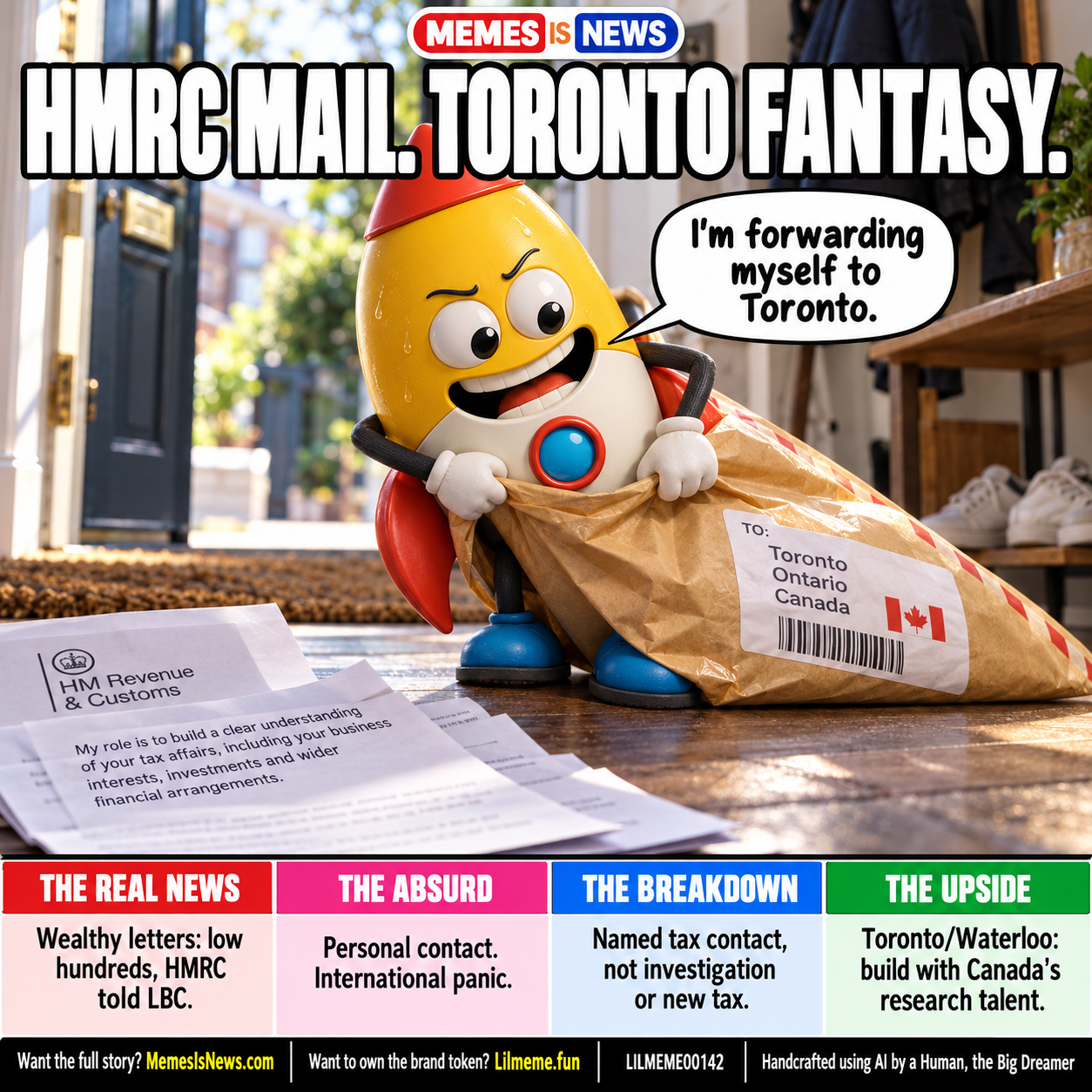 Memes Is News card LILMEME00142: HMRC MAIL. TORONTO FANTASY. Lil'meme says: I'm forwarding myself to Toronto.