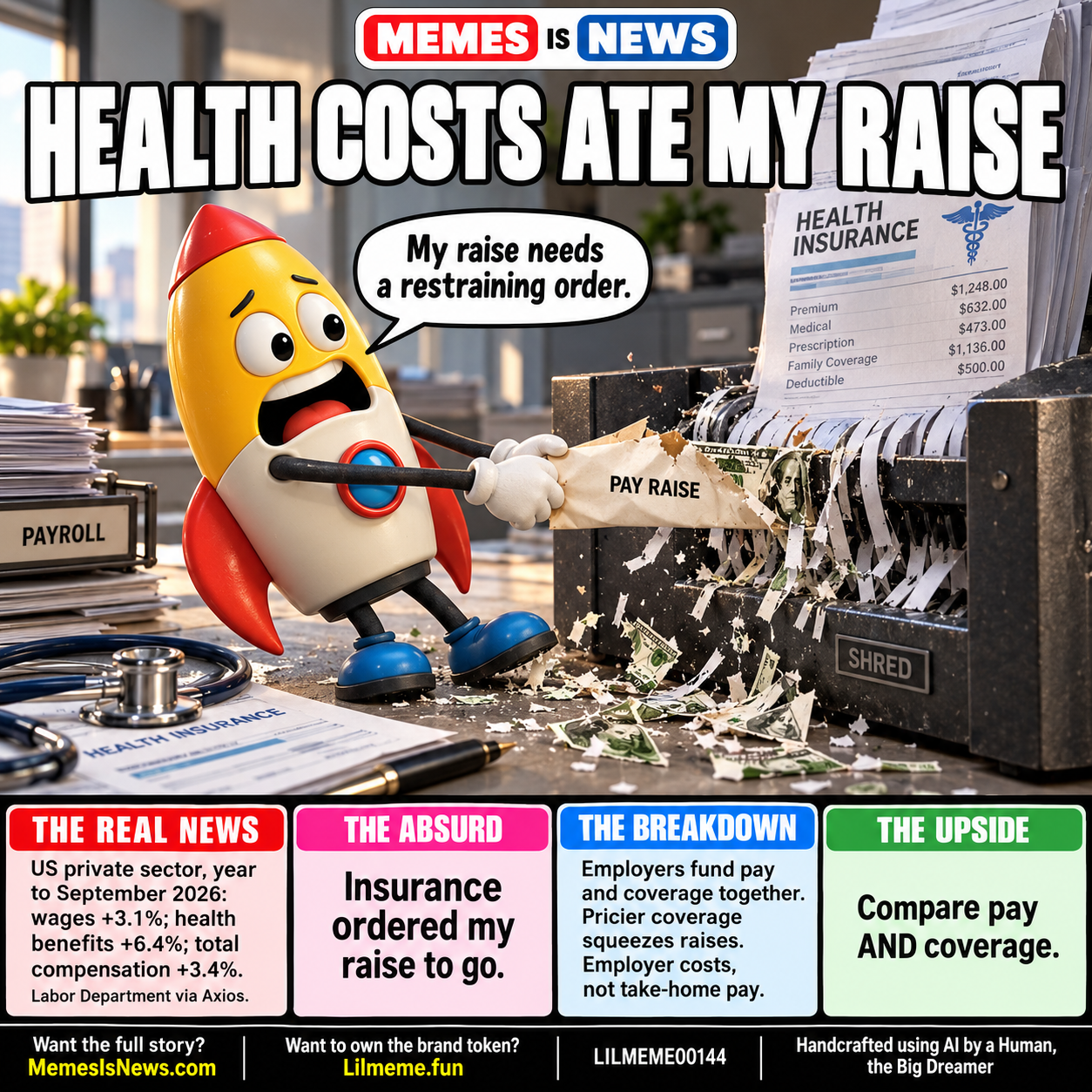 Memes Is News card LILMEME00144: HEALTH COSTS ATE MY RAISE Lil'meme says: My raise needs a restraining order.