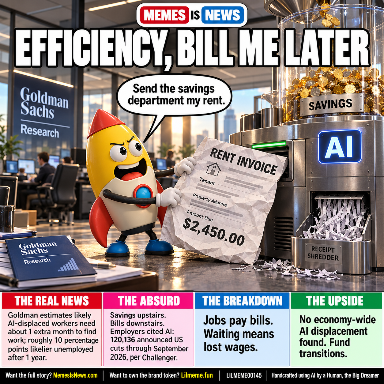 Memes Is News card LILMEME00145: EFFICIENCY, BILL ME LATER Lil'meme says: Send the savings department my rent.